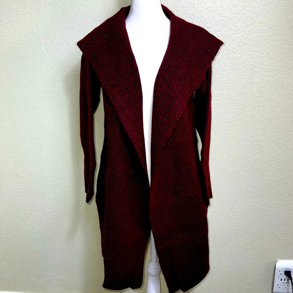Anrabess Womens Burgundy Black Hooded Open Front Knit Cardigan Sweater Small NWT